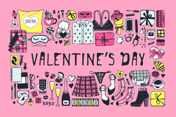 Hand drawn Fashion Illustration Romantic Objects and quote. Creative ink art work. Actual vector drawing of Holiday things. Happy Valentine's Day set and text VALENTINE'S DAY