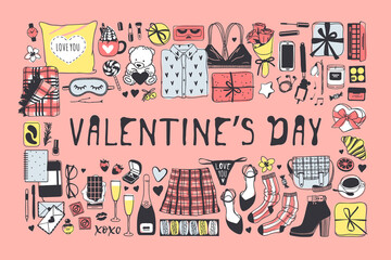 Hand drawn Fashion Illustration Romantic Objects and quote. Creative ink art work. Actual vector drawing of Holiday things. Happy Valentine's Day set and text VALENTINE'S DAY