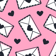 Hand drawn Fashion Seamless pattern with Romantic letter isolated. Creative ink art work. Actual vector drawing of Holiday things on pink background. Happy Valentine's Day Illustration