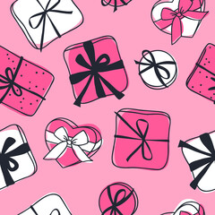 Hand drawn Fashion Seamless patter with Romantic gift box isolated. Creative ink art work. Actual vector drawing of Holiday things on pink background. Happy Valentine's Day Illustration