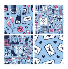 Hand drawn Fashion Seamless patterm with Romantic Objects and wear. Creative ink art work. Actual vector drawing of Holiday things. Happy Valentine's Day Illustration