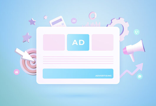 Online Advertising - Programmatic and Native ads marketing strategy concept. Digital advertising media banner block on website, media promotion. Vector 3d illustration