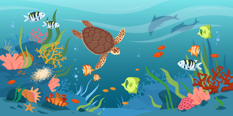 Turtle in sea or ocean waters, underwater tropical wildlife vector illustration. Cartoon aquatic animals and fishes swimming, cute coral reef and starfish of bottom undersea, marine life background