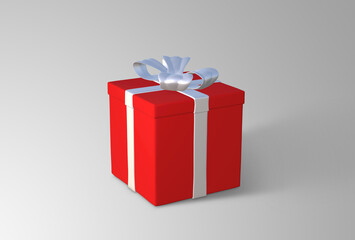 3d rendering image of red gift box with white ribbons.