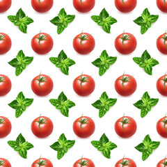 Realistic Detailed 3d Ripe Red Tomato Whole and Green Basil Leaves Seamless Pattern Background. Vector illustration