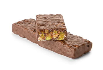 Tasty chocolate nut bar on white background