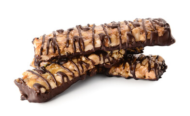 Tasty chocolate nut bars on white background