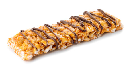 Tasty chocolate nut bar on white background