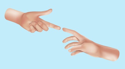 Vector Hands set of realistic 3d design in cartoon style. Hand shows different gestures signs. Collection isolated on white background. Vector illustration