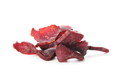 Spicy beef jerky on white background