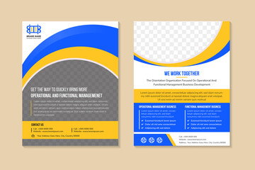 abstract flyer template design use a headline is operational and functional management. vertical layout with space for photo collage on curve shape. white background with yellow blue curve elements.