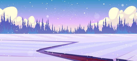 Rural landscape with fields, road and coniferous forest in winter. Vector cartoon illustration of countryside with path in snow and trees silhouettes on horizon
