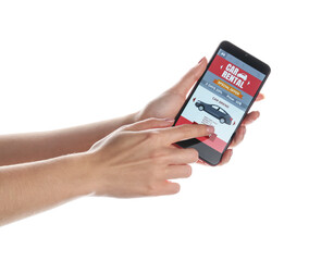 Woman using mobile phone with open car rent app on white background