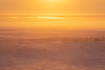 Fototapeta na wymiar Winter arctic landscape. Morning aerial view of the snowy tundra. A frozen sea in the distance. Beautiful golden light at sunrise. Cold windy and frosty weather. Chukotka, Siberia, Far North of Russia