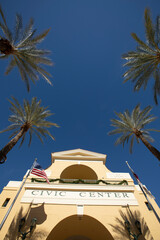 Sunny daytime view of the public City Hall and Civic Center of downtown Cathedral City, California, USA.