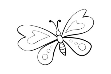Vector black outline cute butterfly in Doodle style. Simple outline design element, clip art for spring, summer, postcard