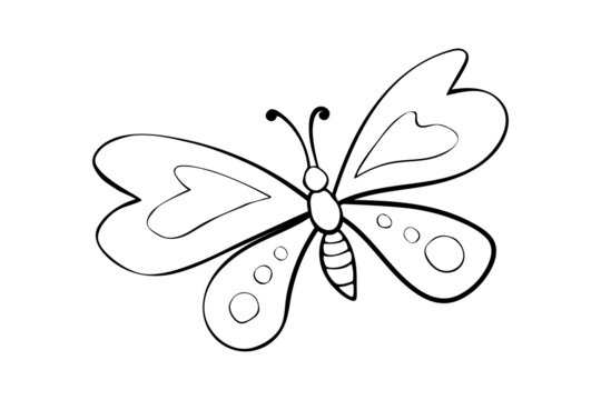 Vector black outline cute butterfly in Doodle style. Simple outline design element, clip art for spring, summer, postcard