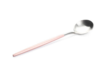 Stainless steel tea spoon with pink handle on white background