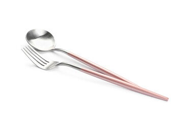 Stainless steel fork and spoon with pink handles on white background