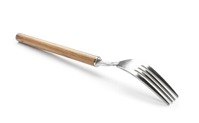 Fototapeta premium Stainless steel fork with wooden handle on white background