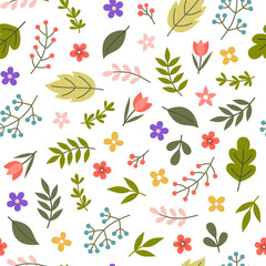 Cute Flowers and Leafs Seamless Pattern. Vector