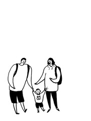 子供（男の子）とお父さん、お母さん、家族、線画（縦、左配置）