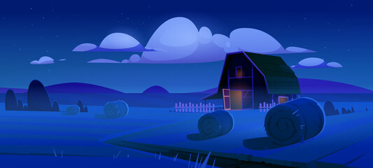 Rural landscape with hay bales on agriculture field and farm barn at night. Vector cartoon illustration of countryside, farmland with round wheat straw rolls and granary © klyaksun