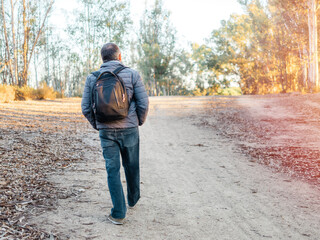 rear view of man with backpack hiking in forest