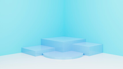 Scene of a wall background with a podium, turquoise blue for representation of products. - 484092739
