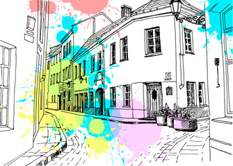Old city street in hand drawn sketch style. Vilnius, Lithuania. Nice European city. Urban landscape. Vector illustration on colorful blobs background. Without people.