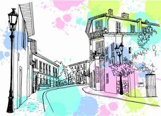 Old town street in hand drawn sketch style. Provence, France, Vector illustration. Small European city. Urban landscape on blobs colorful background	