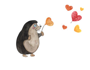 hedgehog with a heart, watercolor illustration, postcard, heart balloons