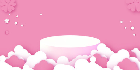 3D Podium scene or pedestal on pink wavy background with minimal cloud and flower shapes paper cut craft studio for display product mockup design.