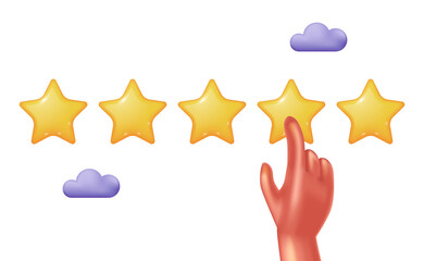 five star 3d cute illustration hand touch for review, rank, reputation, feedback customer illustration concept