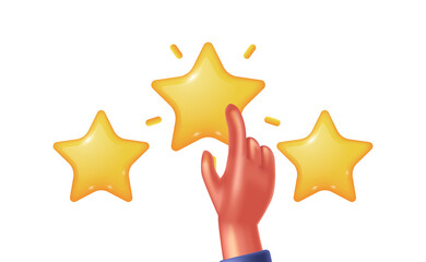 three star 3d cute illustration hand touch for review, rank, reputation, feedback customer illustration concept