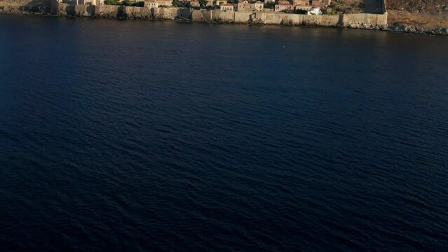 Aerial View Of Epidavros Miras Bay With Monemvasia Town In Laconia, Peloponnese, Greece. - tilt up