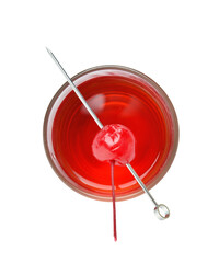 Glass of delicious Manhattan cocktail with cherry on white background
