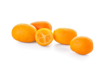 Tasty kumquat fruits on white background