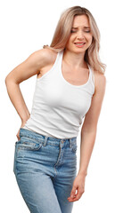 Obraz premium Young woman in white shirt suffering from backache isolated on white