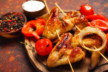 Wooden board with grilled chicken wings skewers and vegetables on grunge background