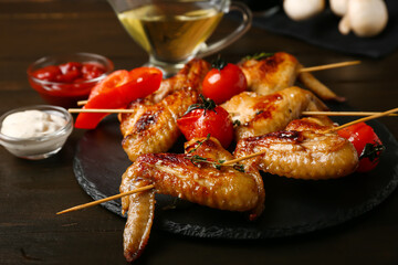 Board with grilled chicken wings skewers and vegetables on dark wooden background