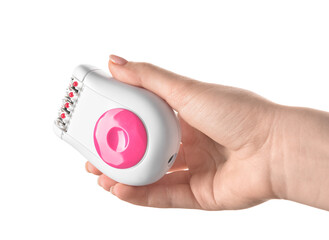 Female hand with modern epilator on white background