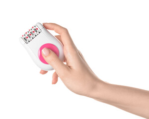 Female hand with modern epilator on white background
