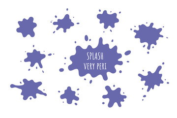 Splatter, a set of hand-drawn spots, splatter shapes in trendy trendy color very peri, blotches for logos, stickers, labels, banners, icons. Isolated on white background, vector illustration