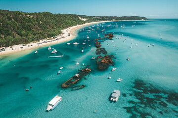 Aerial view of the Tangalooma wrecks in Moreton Bay, Queensland, Australia