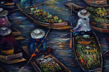 Fototapeta premium hand painted original impressionism art painting oil color boating floating market thailand countryside and siam land of smiles
