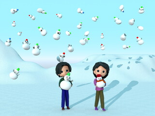 Fototapeta premium 雪だるまの降る野原で、雪だるまと遊ぶ子どもたち