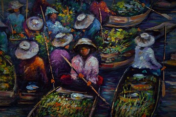 Fototapeta premium hand painted original impressionism art painting oil color boating floating market thailand countryside and siam land of smiles decorate class artistic fragment of artwork colorful strokes exhibited