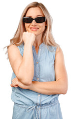 Fototapeta premium Portrait of a beautiful young woman with smile and sunglasses isolated on white