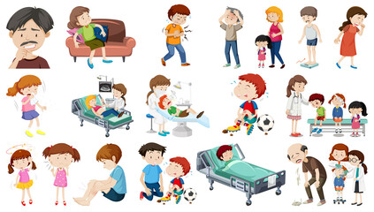 Set of sick people with different symptoms